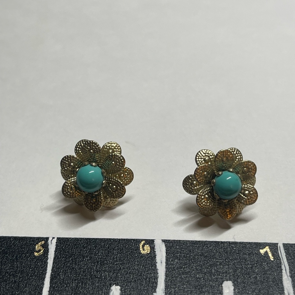 Unique Gold Flower Earrings with Turquoise Center